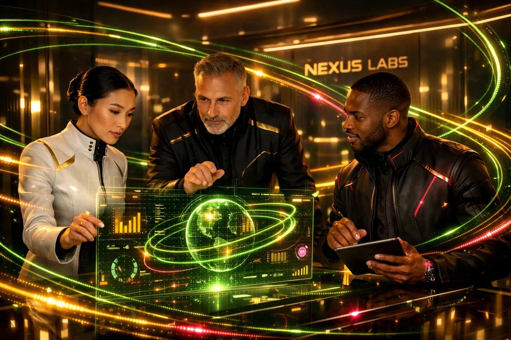 Nexus Labs team working on holographic automation dashboard